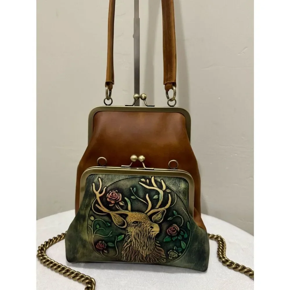 Unique Crazy Horse Cowhide Kisslock Double Frame Bag & Hand-Tooled Textured Deer